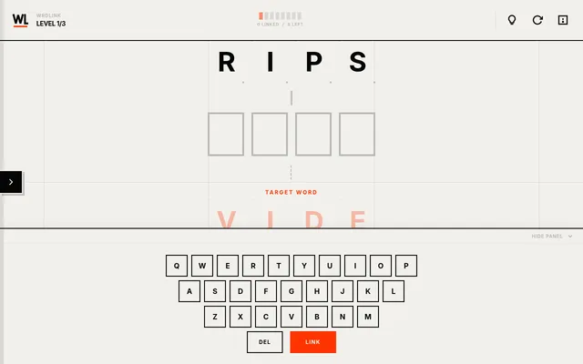 WrdLink daily level 1 of 3 on 20 October 2026: start word RIPS, target word VIDE, an empty row for the next word, 0 linked and 8 left, and the on-screen keyboard with Link