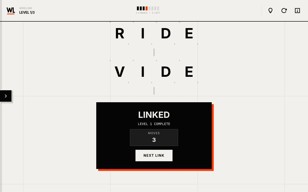 WrdLink level 1 solved: RIDE linked to VIDE and a Linked card showing level 1 complete in 3 moves with a Next Link button