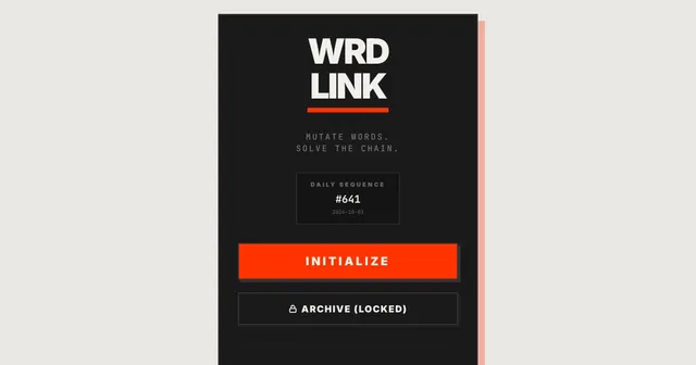 WrdLink start screen showing Daily Sequence #641 for 2026-10-03, with Initialize and locked Archive buttons