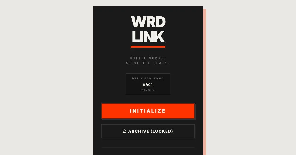 WrdLink start screen showing Daily Sequence #641 for 2026-10-03, with Initialize and locked Archive buttons