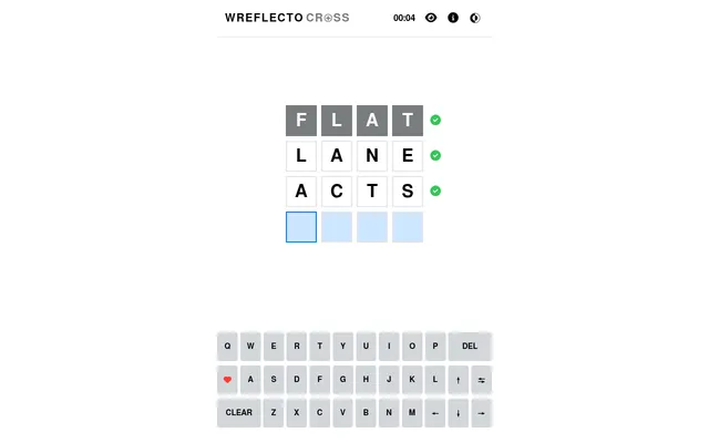 Today's Wreflecto Cross 4x4 board on the web, FLAT given on top, two rows typed in with green ticks and the last row still empty