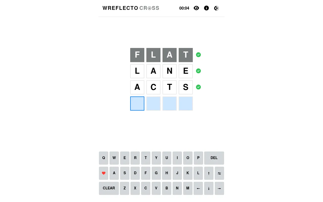 Today's Wreflecto Cross 4x4 board on the web, FLAT given on top, two rows typed in with green ticks and the last row still empty