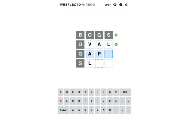 Today's Wreflecto Mirror 4x4 square in play: BOGS given across the top and down the side, OVAL entered with its mirror letters, and check marks beside the finished rows