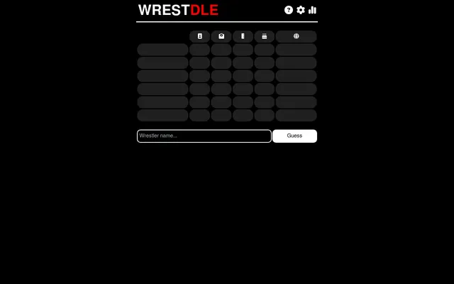 The Wrestdle board: the WRESTDLE title above six empty guess rows under icons for name length, weight, height, age and hometown distance, with the Wrestler name box and Guess button
