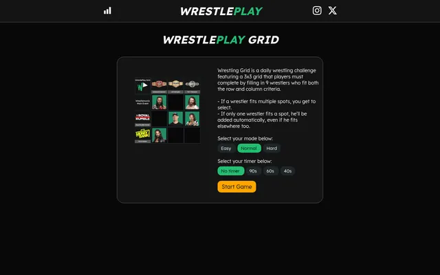 The WrestlePlay Grid start screen: a 3x3 wrestling grid preview with title belts across the top and Wrestlemania Main Event, Royal Rumble and Money in the Bank down the side, beside the rules, Easy, N