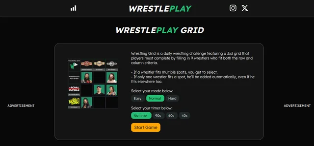 The WrestlePlay Grid start screen: a 3x3 wrestling grid preview with title belts across the top and Wrestlemania Main Event, Royal Rumble and Money in the Bank down the side, beside the rules, mode an