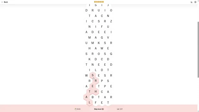 A Wridges board being played on desktop: a tall column of hex letter tiles with a word traced from the bottom row in pink, the timer, Skip level 6 and level 127 below