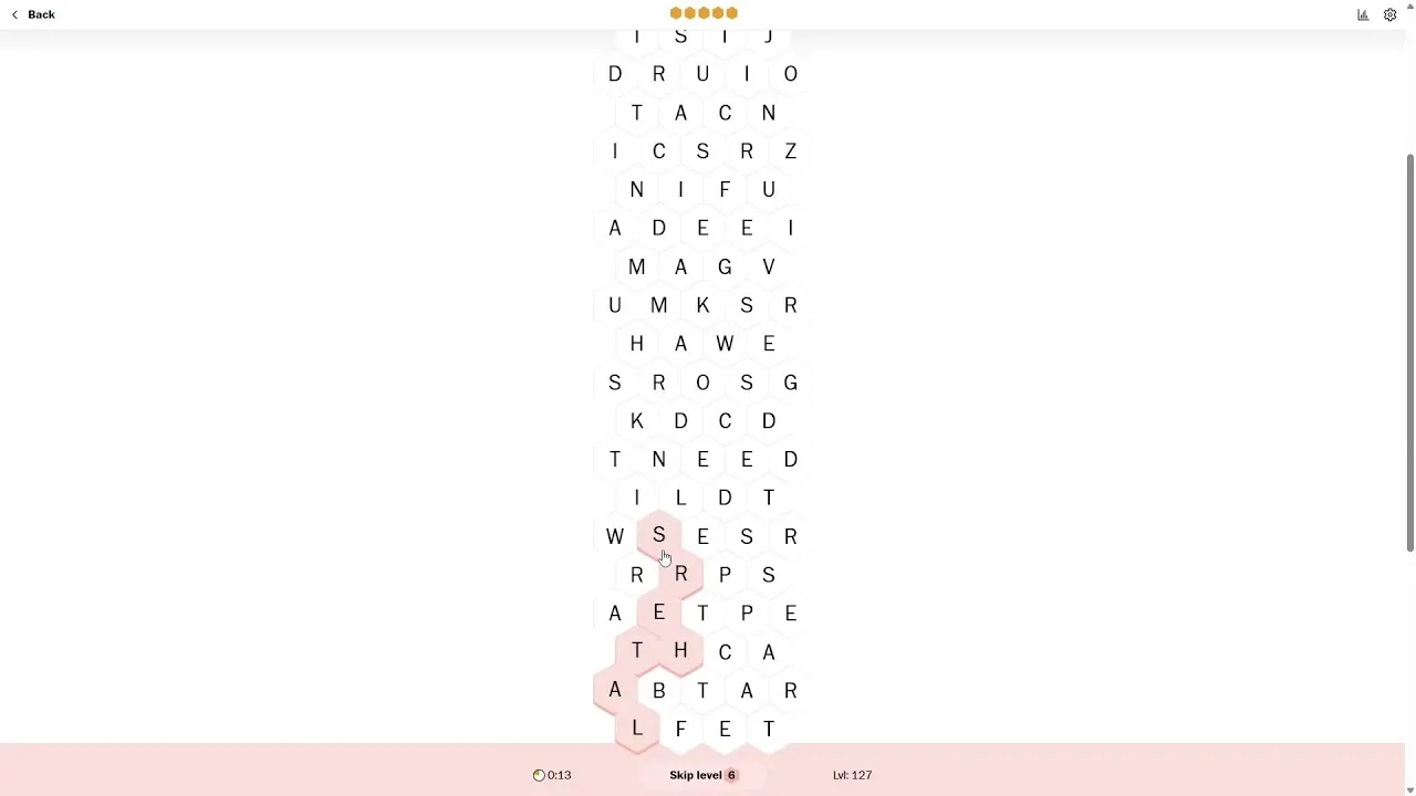 A Wridges board being played on desktop: a tall column of hex letter tiles with a word traced from the bottom row in pink, the timer, Skip level 6 and level 127 below