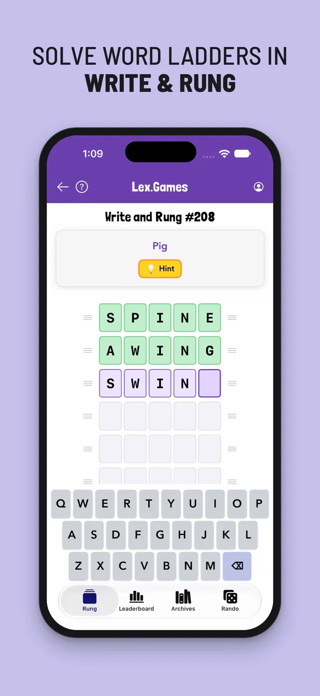 Write and Rung in the Lex.Games app: a word ladder with clues
