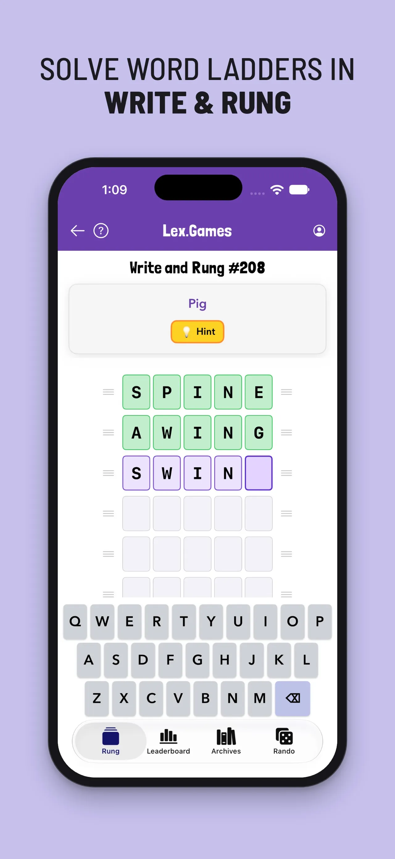 Write and Rung in the Lex.Games app: a word ladder with clues