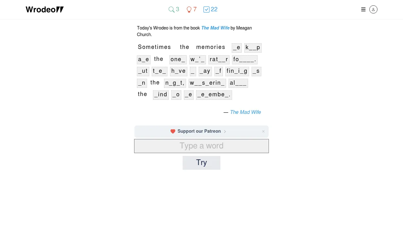 Wrodeo on 21 October 2026, a passage from The Mad Wife with Sometimes, the and memories filled in and other words still in blank tiles, above the Type a word box