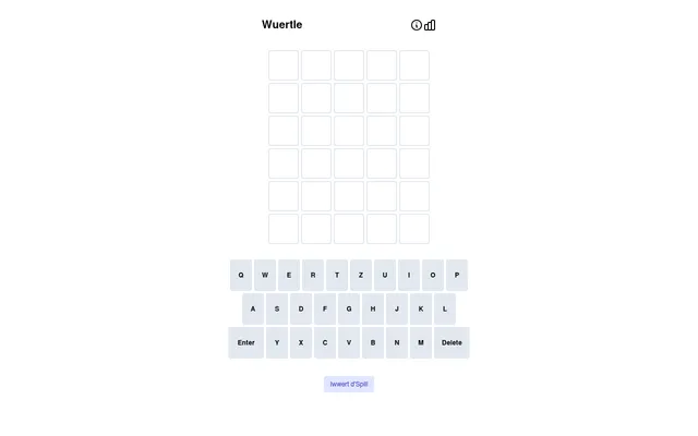 Wuertle board: an empty grid of six rows of five tiles above a QWERTZ keyboard with Enter and Delete keys and the button Iwwert d'Spill