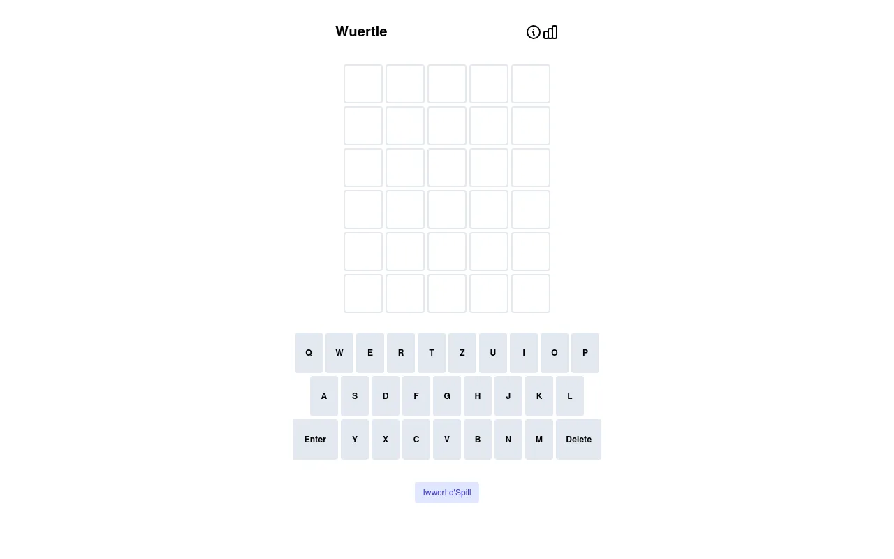 Wuertle board: an empty grid of six rows of five tiles above a QWERTZ keyboard with Enter and Delete keys and the button Iwwert d'Spill
