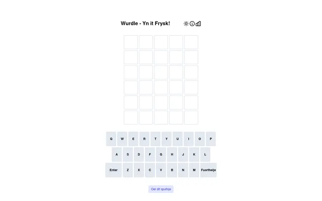 Wurdle - Yn it Frysk board: an empty grid of six rows of five tiles above a keyboard with Enter and Fuorthelje keys and the button Oer dit spultsje