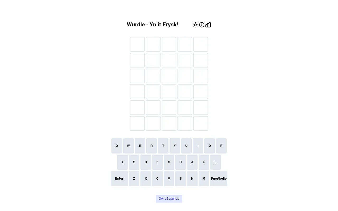 Wurdle - Yn it Frysk board: an empty grid of six rows of five tiles above a keyboard with Enter and Fuorthelje keys and the button Oer dit spultsje