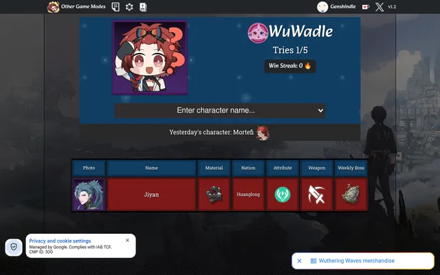 WuWadle's daily board on 19 Oct 2026 after one guess: Jiyan's row with material, nation, attribute, weapon and weekly boss tiles, all red, under the mystery card and Tries 1/5