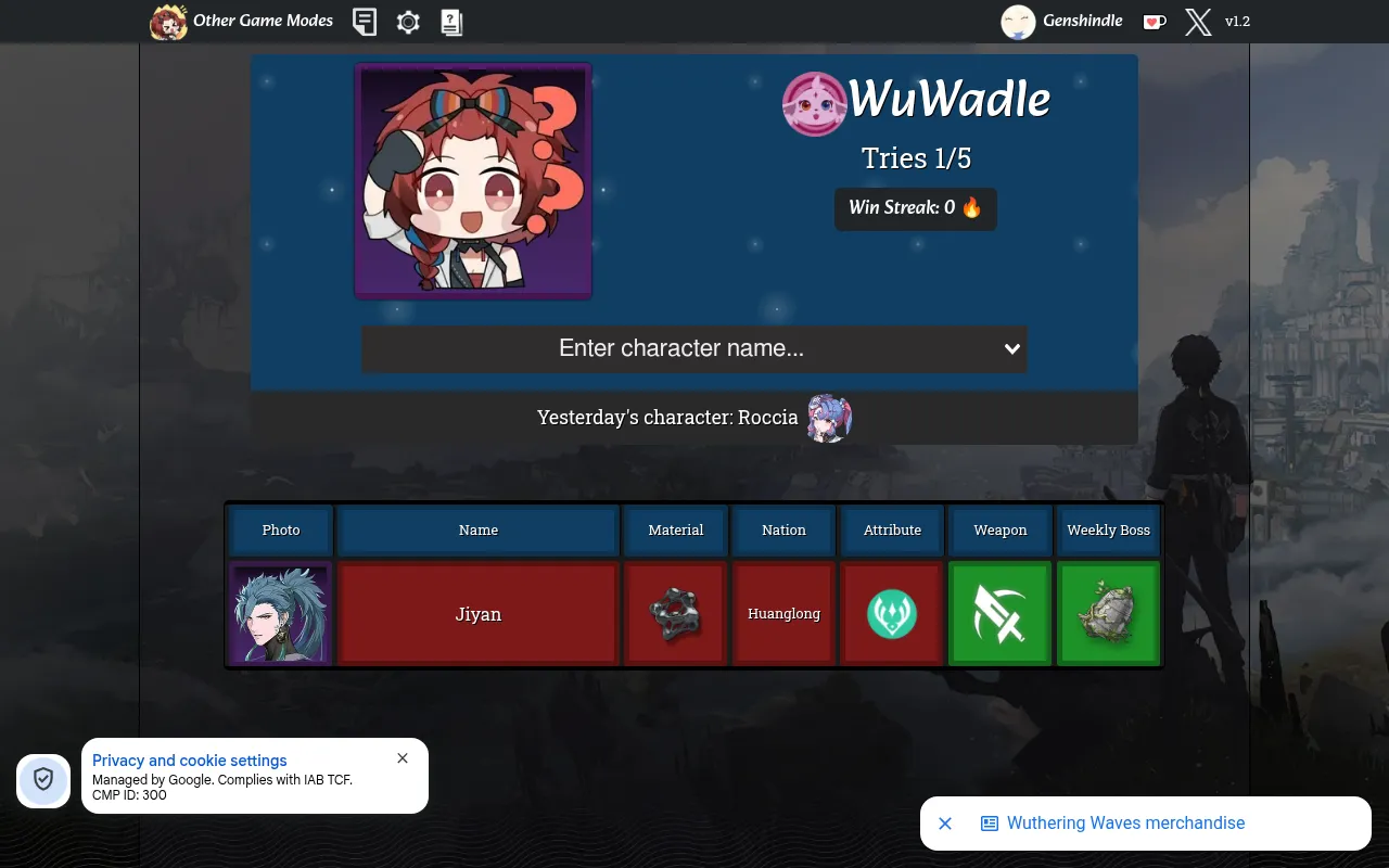 WuWadle's daily board after one guess: Jiyan's row with tiles for material, nation, attribute, weapon and weekly boss, two of them green