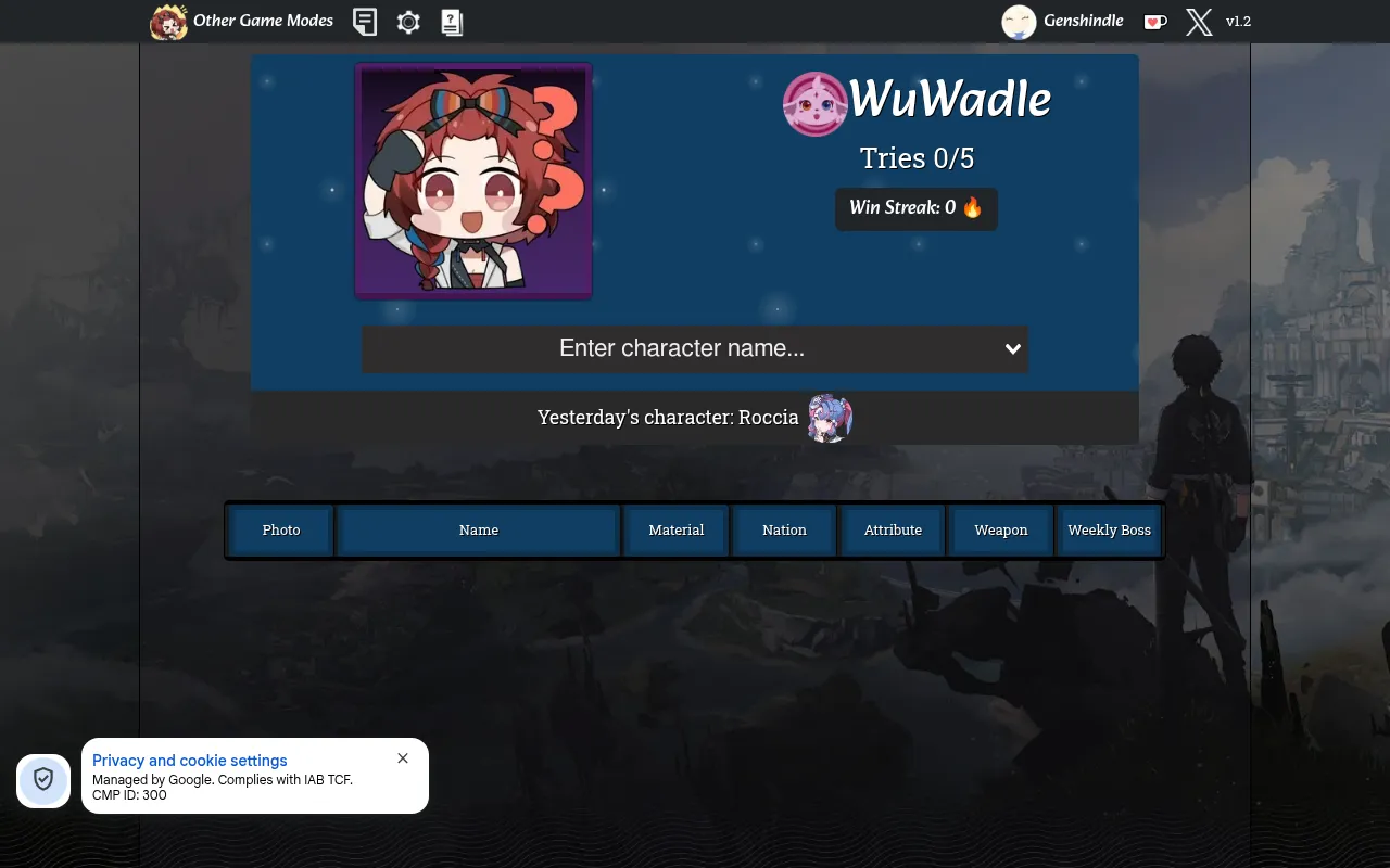 WuWadle's start screen with the mystery character card, Tries 0/5, a win streak and the name box above the empty guess table
