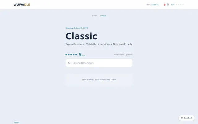 WuWadle Classic mode for Saturday, October 3, 2026: five guesses left, a Resonator search box and a countdown to the next puzzle
