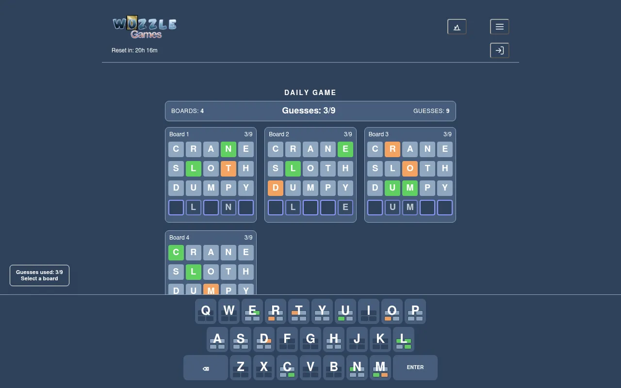 Today's Wuzzle Games daily on four boards after three guesses, each board with its own green and yellow letters, and the shared keyboard below