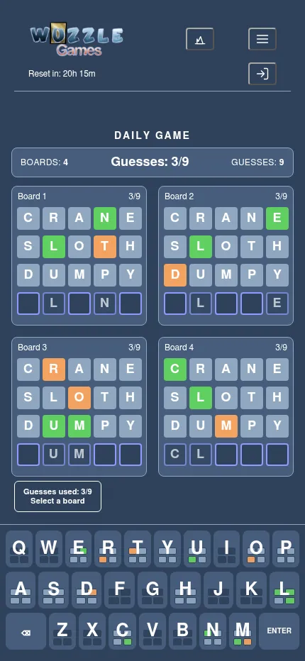 The four-board Wuzzle Games daily at phone size: four boards in two rows above the keyboard, three guesses in