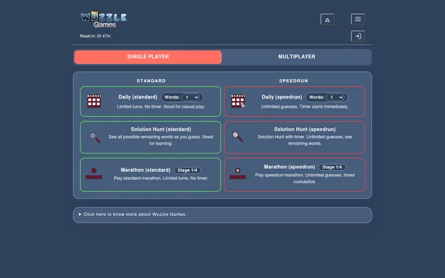 The Wuzzle Games menu: Daily standard and Daily speedrun with a words-at-once selector, Solution Hunt and Marathon modes, single player and multiplayer tabs and a Reset in countdown
