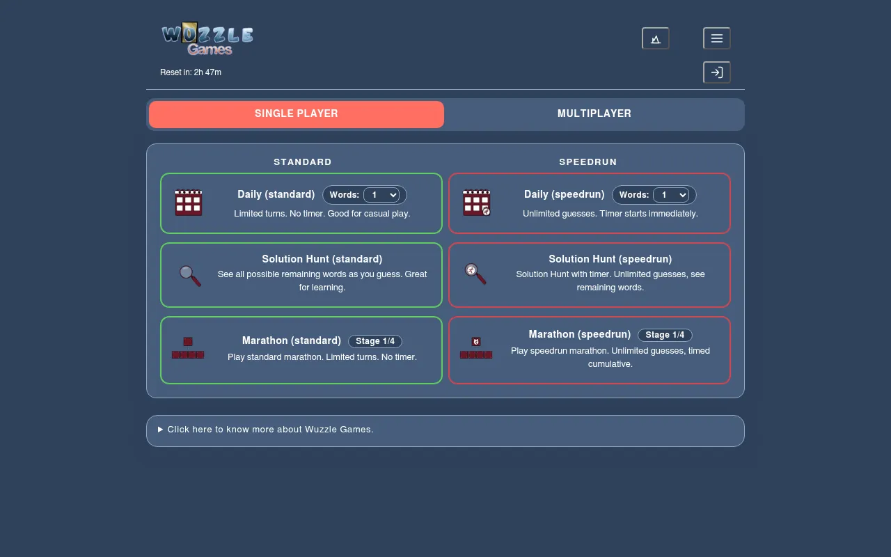 The Wuzzle Games menu: Daily standard and Daily speedrun with a words-at-once selector, Solution Hunt and Marathon modes, single player and multiplayer tabs and a Reset in countdown