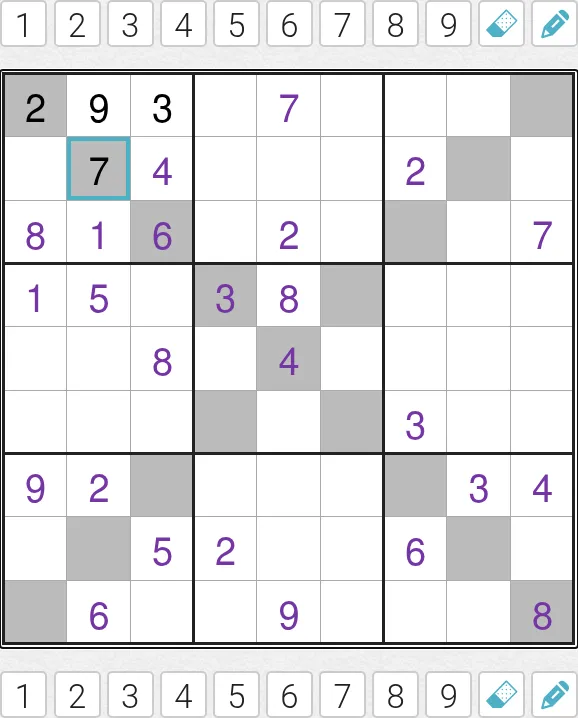 The Medium X-Sudoku of 28 October 2026 on PuzzleMadness, a 9x9 grid with both diagonals shaded grey, purple givens and a few digits entered