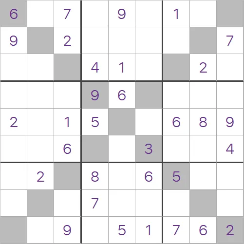An example X-Sudoku from PuzzleMadness's rules, a 9x9 grid with both diagonals shaded