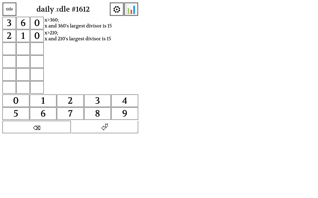 Daily xdle #1612 in play: guesses 360 and 210 with clues x>360, x>210 and a largest shared divisor of 15, above the 0 to 9 keypad
