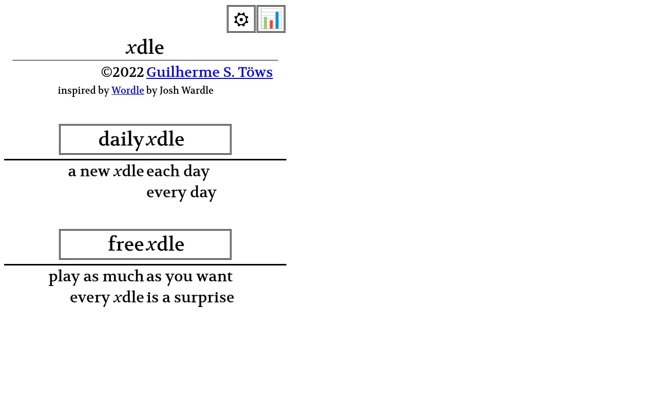 The xdle title screen: daily xdle, a new xdle each day, and free xdle, play as much as you want, credited to Guilherme S. Töws and inspired by Wordle