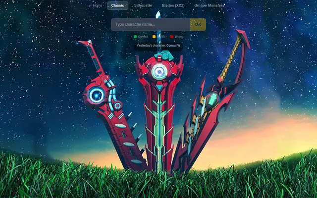 Xenobladle's Classic mode: a Type character name box with OK, a key for correct, partial and wrong, and yesterday's character, over art of Xenoblade swords in a field