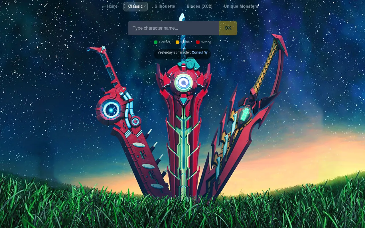 Xenobladle's Classic mode: a Type character name box with OK, a key for correct, partial and wrong, and yesterday's character, over art of Xenoblade swords in a field