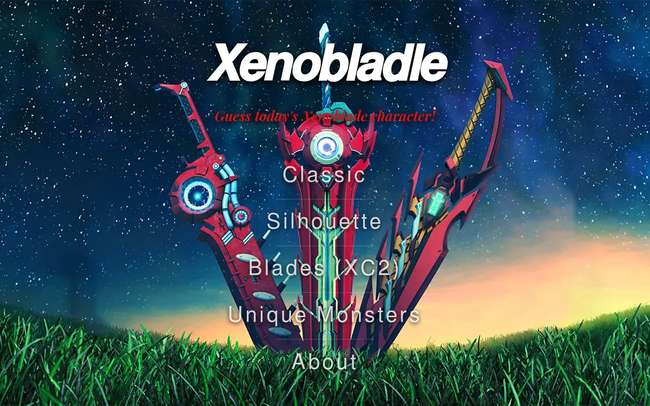 The Xenobladle home screen: Guess today's Xenoblade character, with Classic, Silhouette, Blades (XC2), Unique Monsters and About