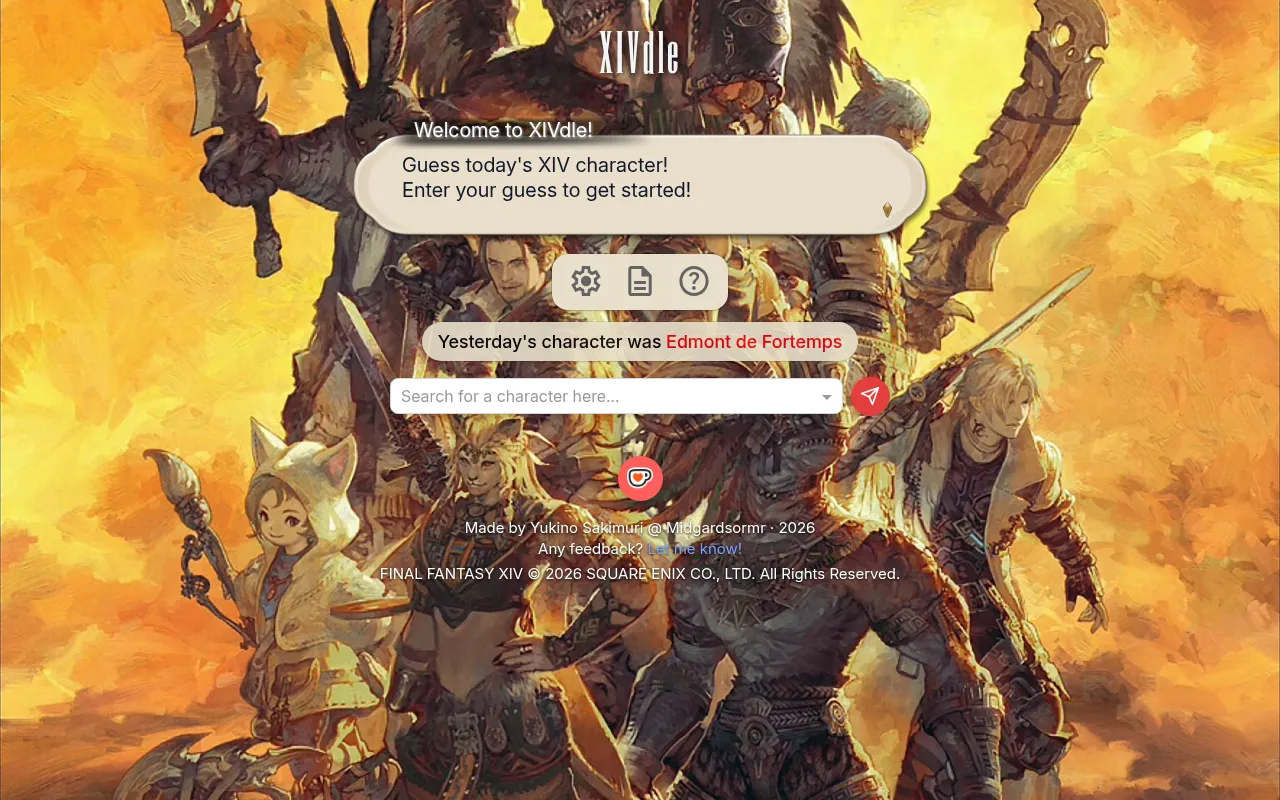 XIVdle's start screen over Final Fantasy XIV art: the welcome box 'Guess today's XIV character!', yesterday's character Edmont de Fortemps and the character search box
