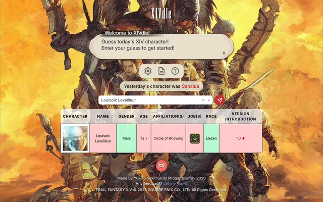 XIVdle after a first guess: Louisoix Leveilleur compared with today's hidden character on gender, age, affiliation, job, race and version introduced, matches in green and misses in red