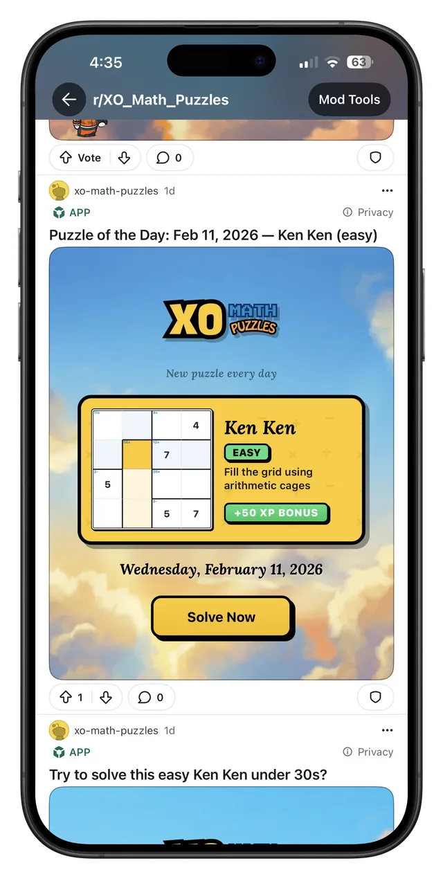 An XO Math Puzzles Puzzle of the Day post for 11 February 2026: an easy Ken Ken card with a partly filled grid and a Solve Now button
