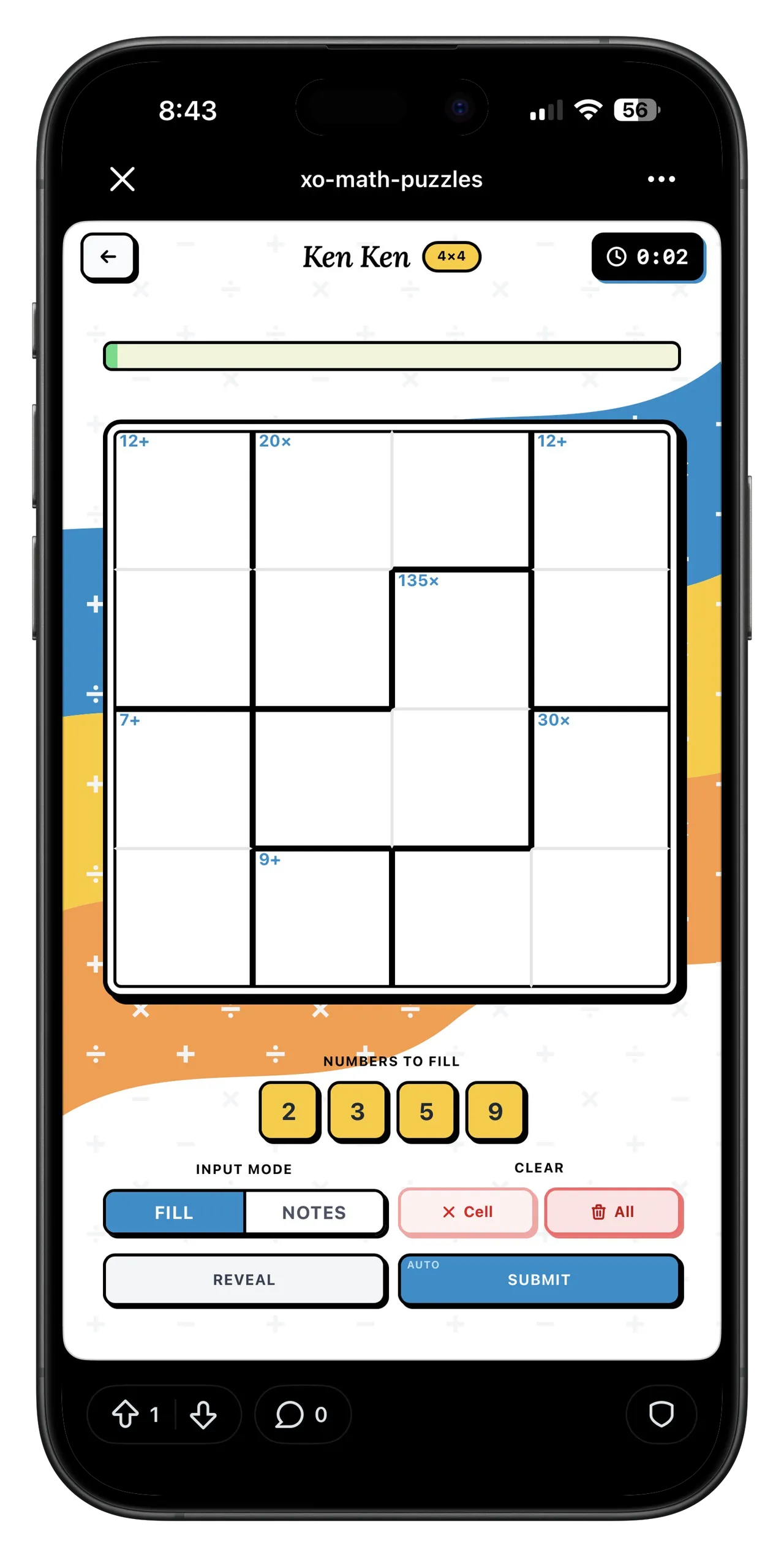 An XO Math Puzzles 4x4 Ken Ken grid with cages such as 12+, 20x and 135x, the numbers to fill and fill and notes buttons