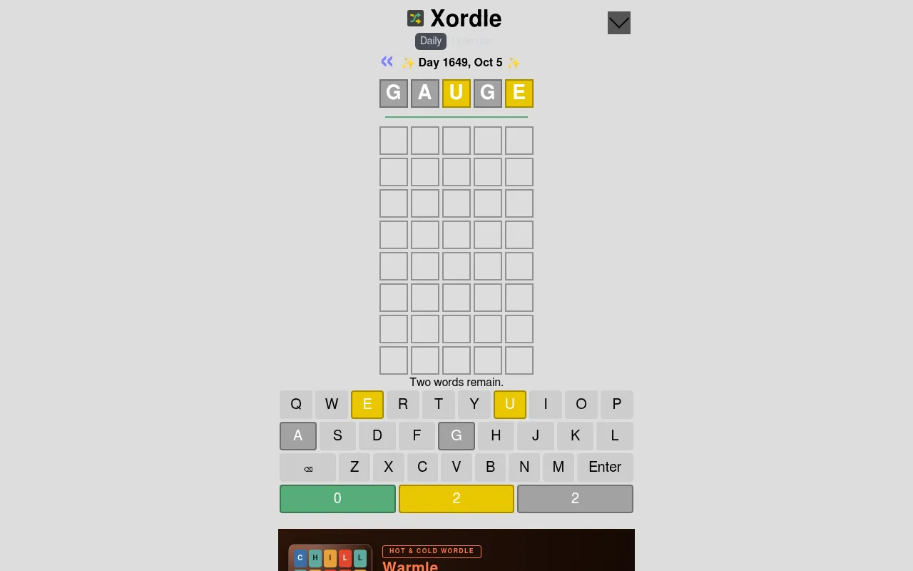 Xordle Day 1649, Oct 5: the clue word GAUGE scored with two yellow letters, eight empty rows and a keyboard, with 'Two words remain'