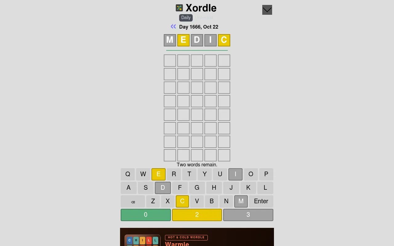 Xordle Day 1666, Oct 22: the clue word MEDIC scored with E and C yellow, eight empty rows, the keyboard and the 0, 2, 3 colour counters