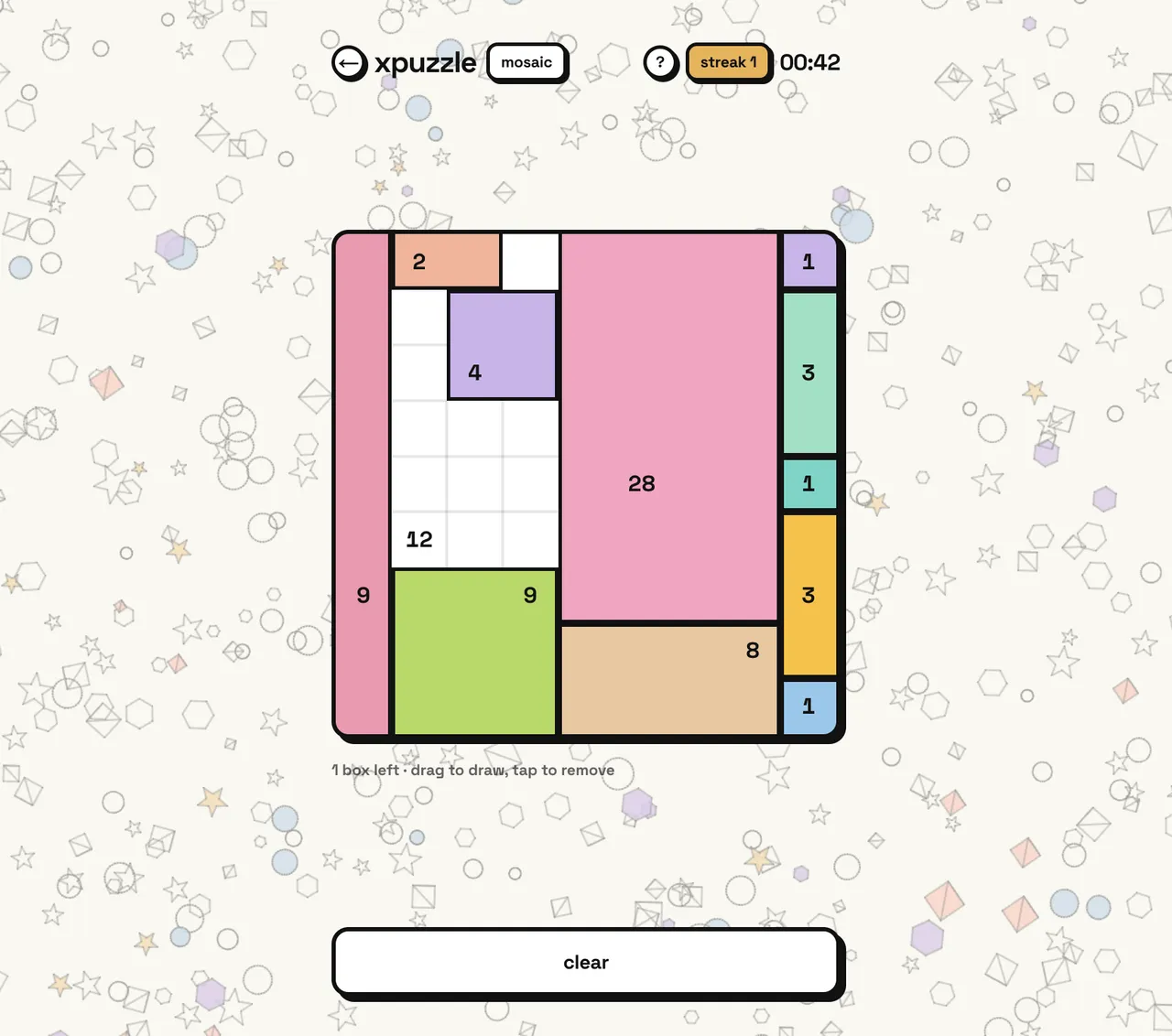 xpuzzle mosaic puzzle: a grid split into numbered coloured rectangles with one box left to draw