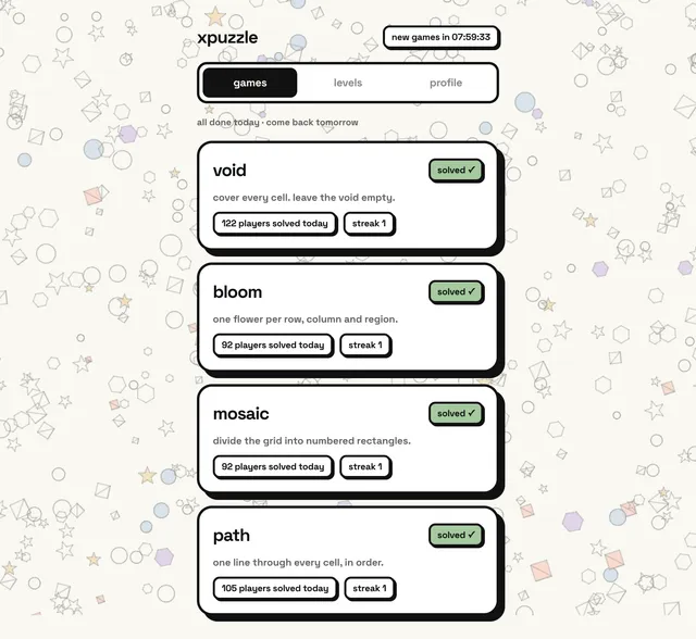 xpuzzle home screen: void, bloom, mosaic and path cards marked solved, each with players solved today and a streak, and a countdown to new games