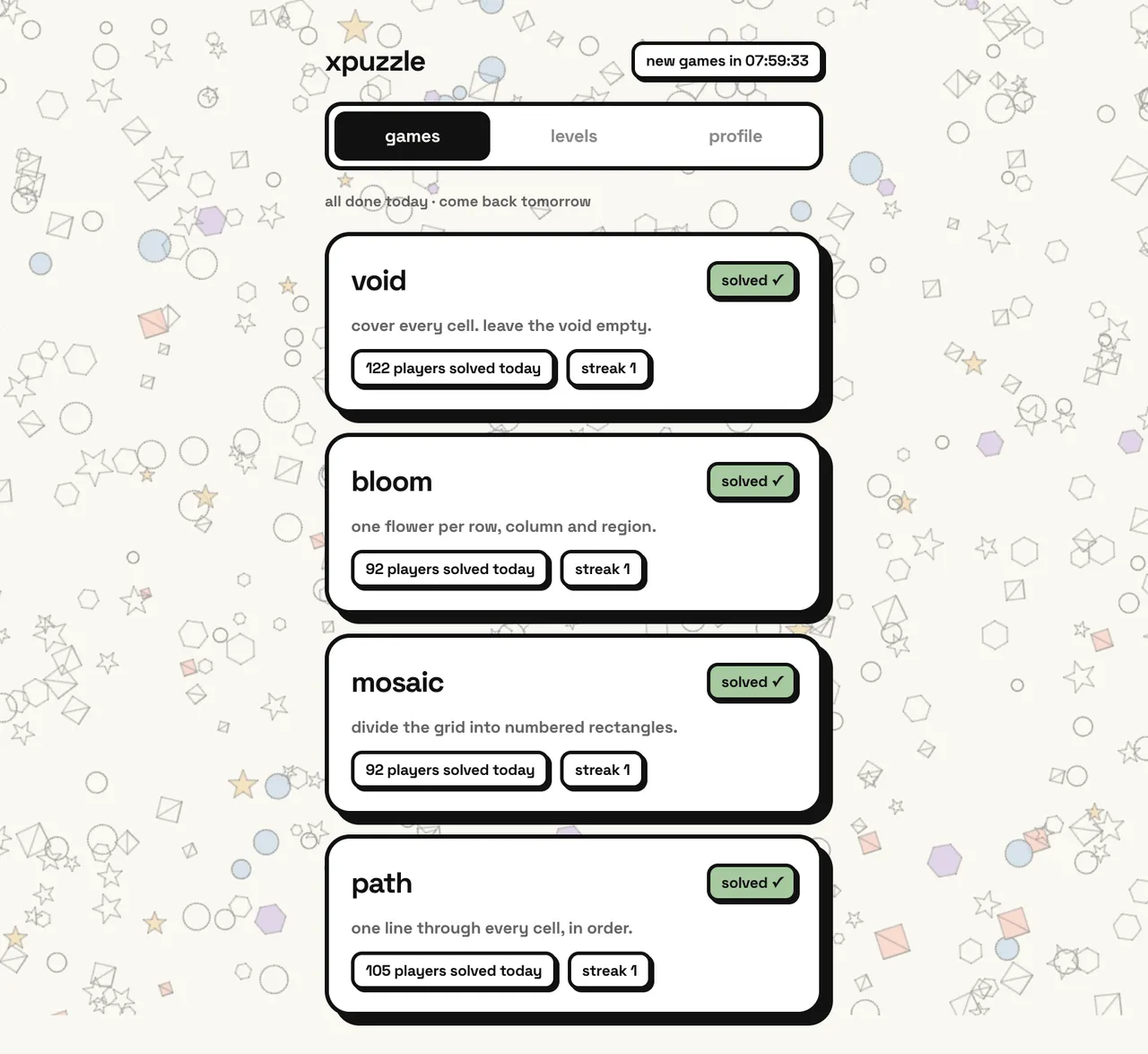 xpuzzle home screen: void, bloom, mosaic and path cards marked solved, each with players solved today and a streak, and a countdown to new games