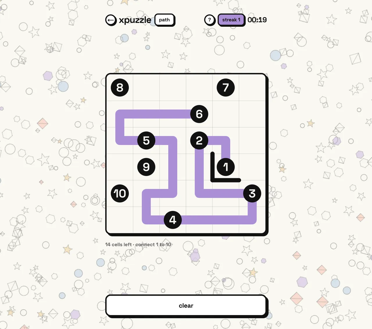 xpuzzle path puzzle: a purple line linking numbered dots 1 to 6 on a grid, with 14 cells left