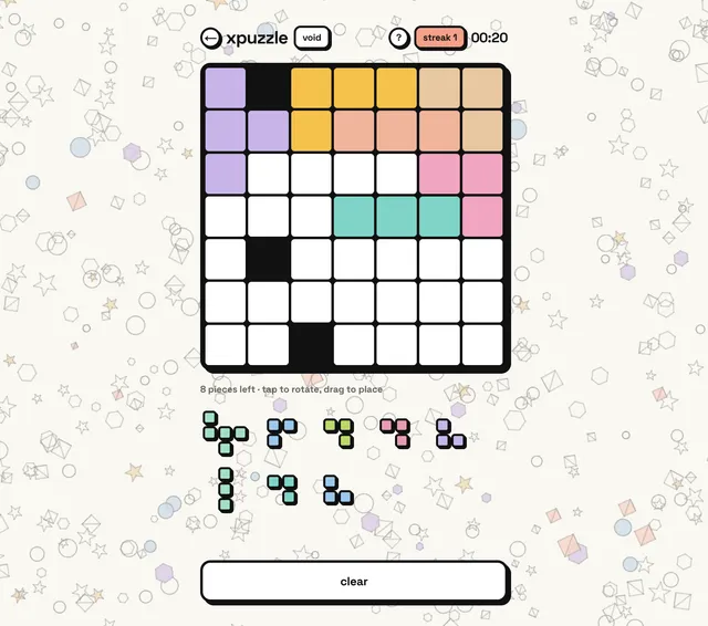 xpuzzle void puzzle: a 7x7 grid partly covered by coloured polyomino pieces, with eight pieces left in the tray
