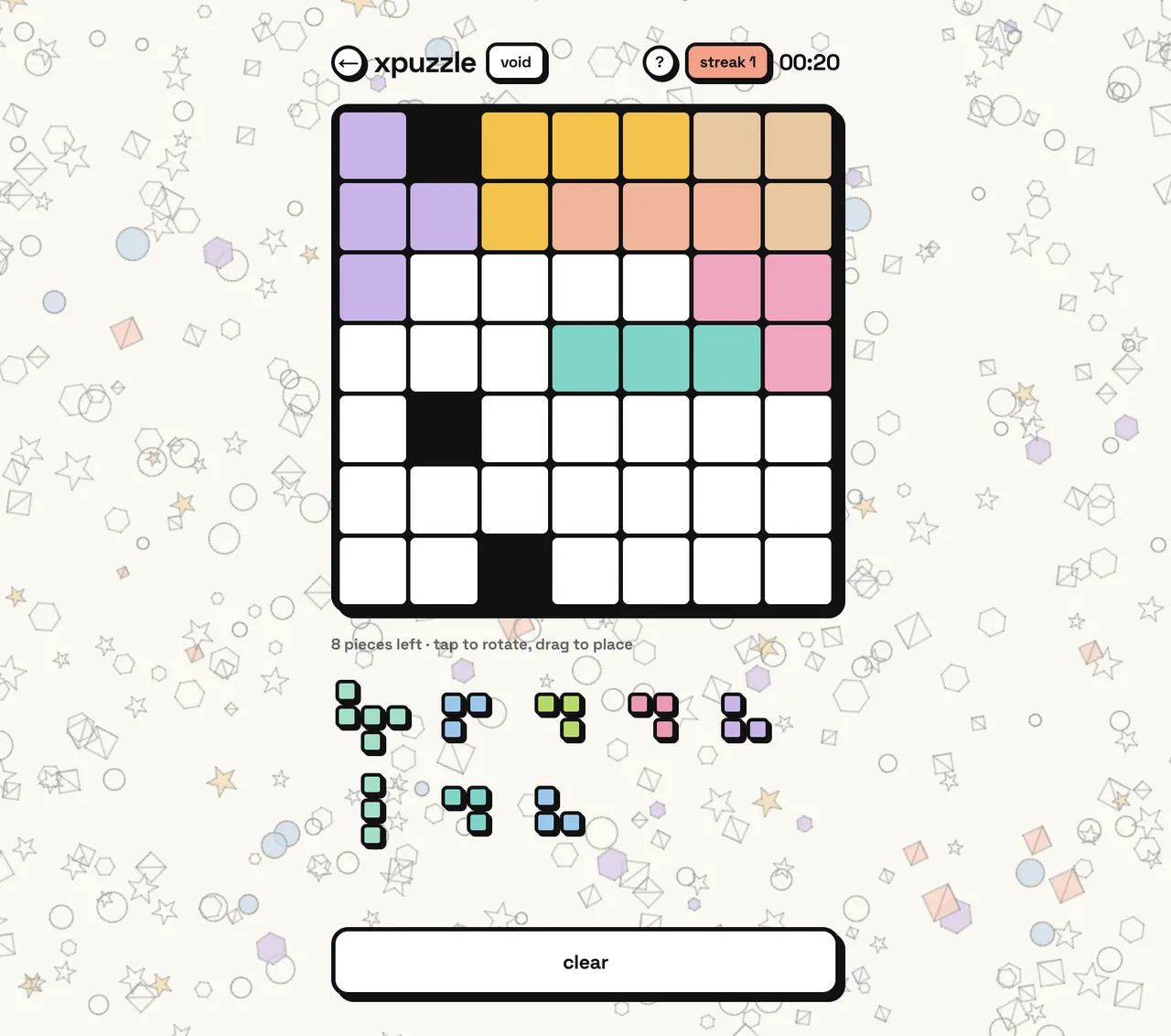 xpuzzle void puzzle: a 7x7 grid partly covered by coloured polyomino pieces, with eight pieces left in the tray