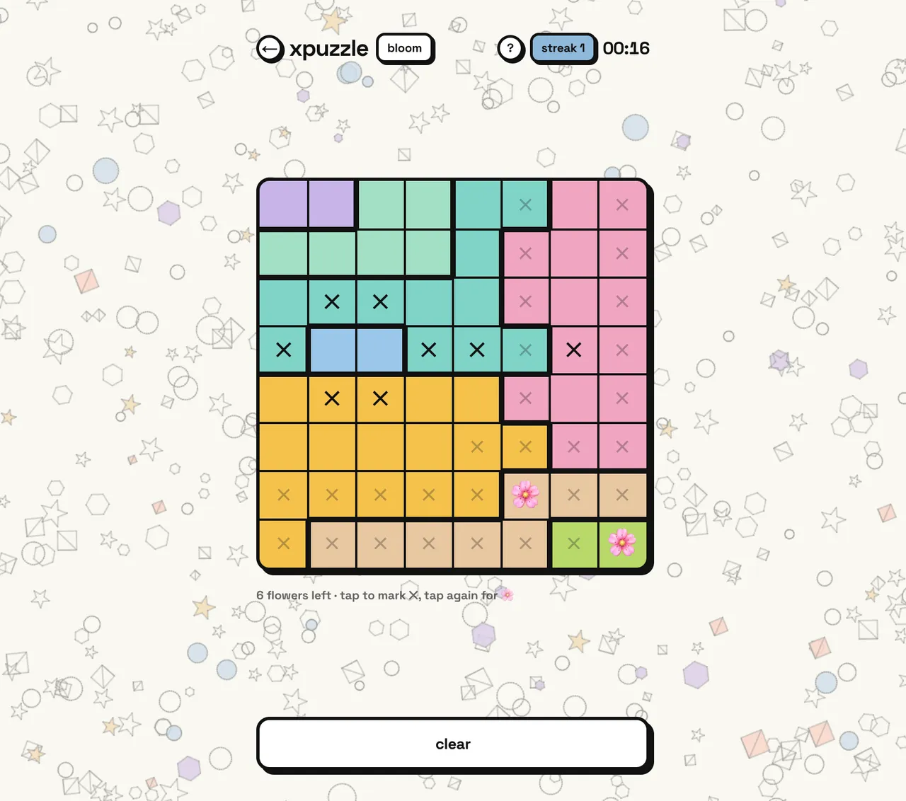 xpuzzle bloom puzzle: an 8x8 grid of colour regions with crossed-out cells and two flowers placed