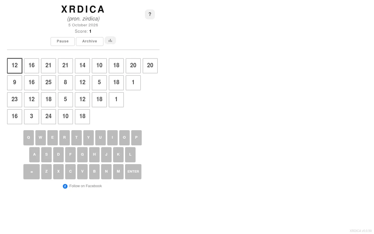 XRDICA puzzle for 5 October 2026: four rows of numbered tiles, each number standing for a letter, with Pause and Archive buttons, a score and an on-screen keyboard
