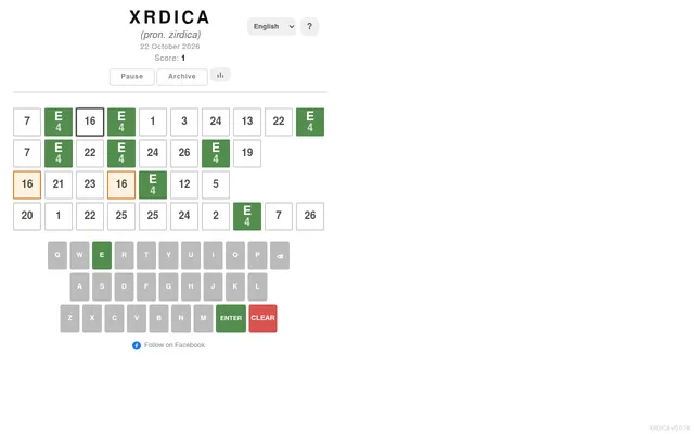 XRDICA puzzle for 22 October 2026 after one check: every tile numbered 4 shows a green E, with four rows of number tiles and an on-screen keyboard