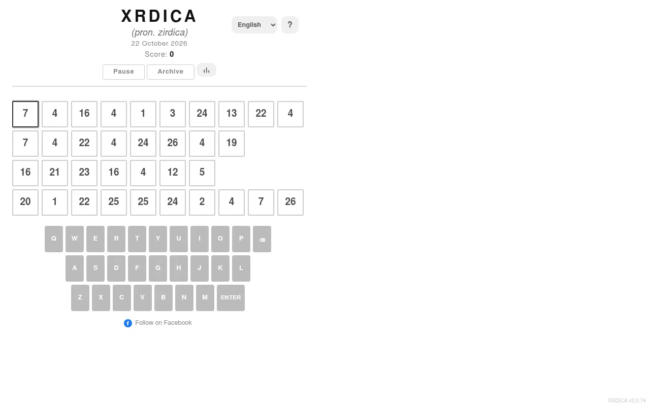 XRDICA puzzle for 22 October 2026 at the start: four rows of numbered tiles, a score of 0, Pause and Archive buttons and a language menu